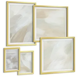 BILDER SET 5er Set - 50x50 cm & 20x30 cm & 40x60 cm Goldrahmen - Abstrakte Pinselmalerei auf Leinwand