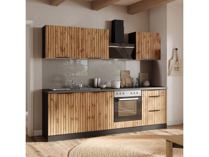 Küchenzeile Liverpool Spüle Edelstahl 240cm Braun ohne Elektrogeräte