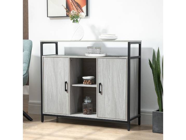 HOMCOM Buffet Moderne Bois Gris Clair 2 Portes Étagères 100x34x87cm