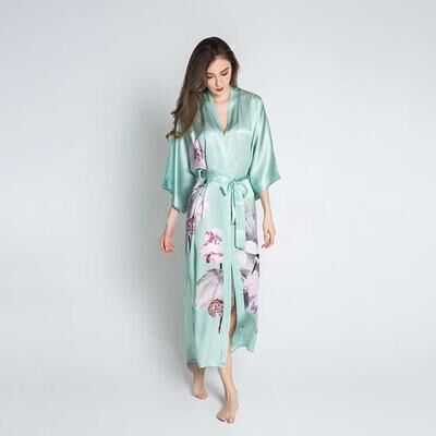 KIM + ONO Kuren Silk Long Kimono Robe   Floral Crane Kimono - sage / one size