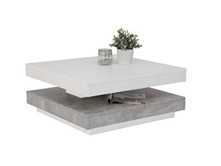 Hela Tische, Couchtisch Wohnzimmertisch Andy, Quadratisch, Holzwerkstoff ,Tischplatte drehbar 360°, Weiß/Beton, 67x67x35cm