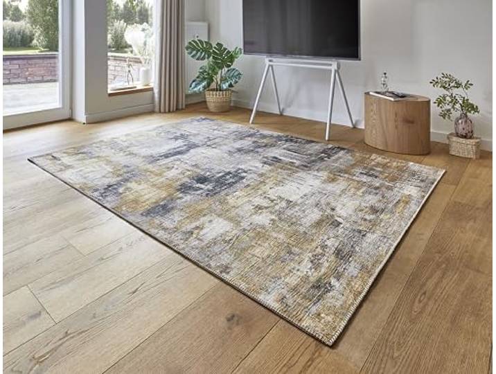 -LUXOR- living Prima Tapis de Salon\, au Design Vintage\, à Poils Courts\, Impression numérique\, Design Intemporel\, Gris/Jaune\, 80 x 200 cm