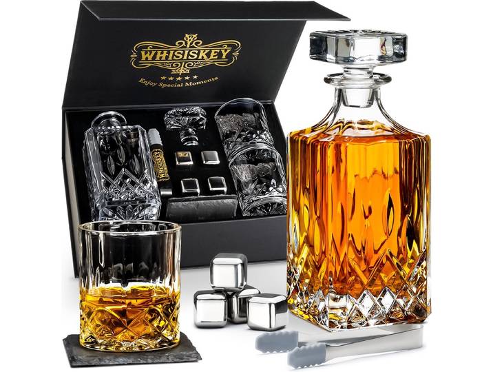 Whisiskey Whiskey Karaf - Klassiek - Whiskey Glazen - Luxe Whiskey Karaf Set - 0\,7 L – Decanteer Set - Whisky Set - Incl. 2 Tumbler Glazen\, 4 RVS Whiskey Stones - Peaky Blinders