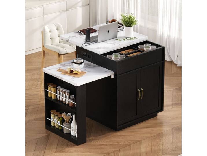 Zitty Îlot de cuisine extensible table à manger avec roulettes 125.5x71x93cm MDF Noir