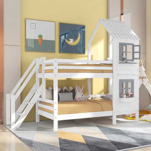 ODIKALO Kinderbett Etagenbett Hausbett m. Handlauf, Fenster, Fallschutz, Gitter, Kiefer