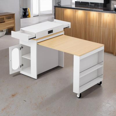 ZWYO HOSIMU "57"" Extendable Kitchen Island Table with Folding Top, Power Outlet, Glass Door Cabinet & Wheels"