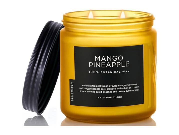 Duftkerze Mango-Ananas 330g Sojawachs 70h Brenndauer 2 Dochte, Gelb, Paraffin, 9.5 cm, Dekoration, Kerzen & Kerzenhalter, Duftkerzen