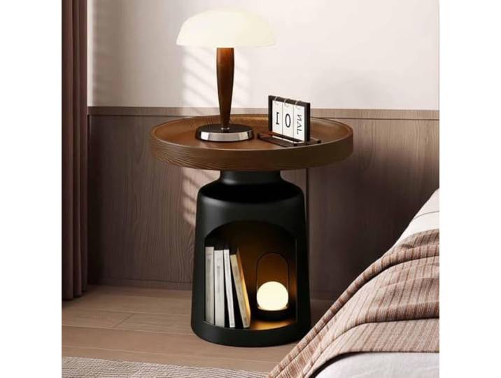 Modern Side Table, End Table with and Solid Wood top Open Shelf Storage Modern round design with Metal base, decorative style, versatile table for drinks, plants and home décor