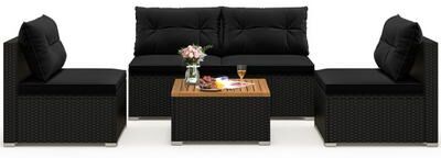 Costway 5 Piece Outdoor Furniture Set with Solid Tabletop and Soft Cushions-Black