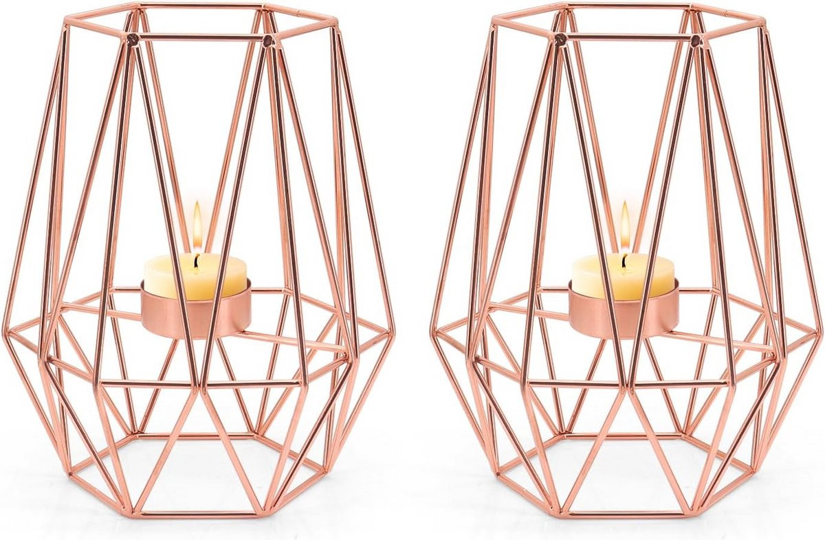 Set van 2 Geometrische Metalen Theelichthouders Roségoud