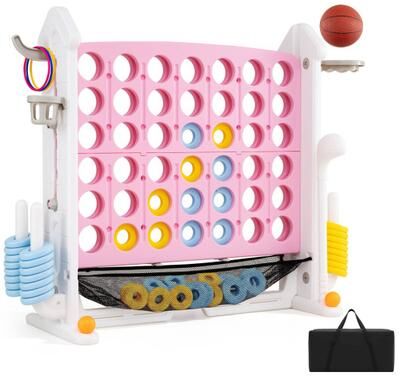 Costway 4-in-1 Height Adjustable Row Connect Game with Mesh Net and Carrying Bag-Pink