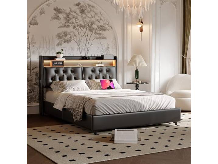 Mutuolux Polsterbett 180x200 Schwarz PU mit LED Beleuchtung, Kopfteil mit Regal & USB-Anschluss, Polsterbett mit Bettkasten zum Hochklappen, Bett mit Stauraum (180x200 cm)