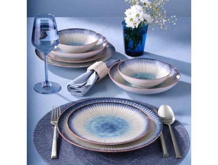 NORDIC SCHILLER Porzellan Tafelservice, 6 Personen, 18-tlg., Sare Atina Series, Buntes Design Geschirr Set, Teller Set, Suppenschalen, Dessertteller, Tiefe Teller, Speiseteller, Geschirrsets