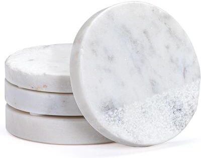 CounterArt "4 Pack Round Natural White Marble Textured Coasters 4"" Diameter Elegant Heat Tolerant Easily Wipes Clean"