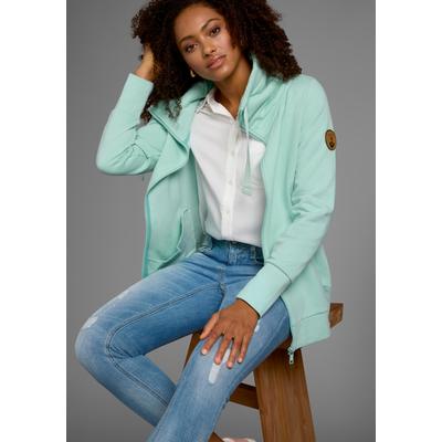 Sweatjacke OCEAN SPORTSWEAR, Damen, Gr. 36/38, grün (mint), angeraute Sweatware, Obermaterial: 57% Baumwolle, 38% Polyester, 5% Elasthan, bequem, hoch geschlossener Ausschnitt, Rippbündchen, Sweatjacken Sweatjacke, mit voluminösem hohem Kragen