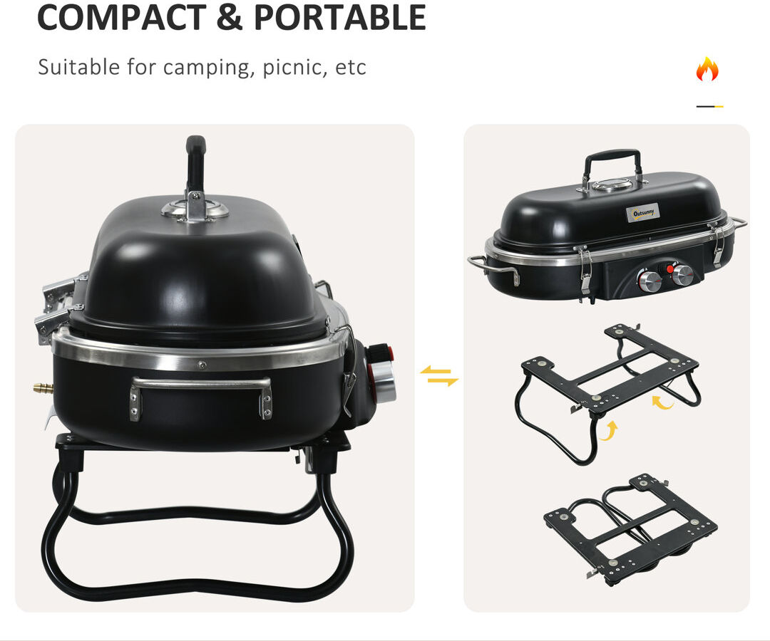 Outsunny Foldable Gas BBQ Grill 2 Burner Table Top Barbecue with Lid Satin Black 2