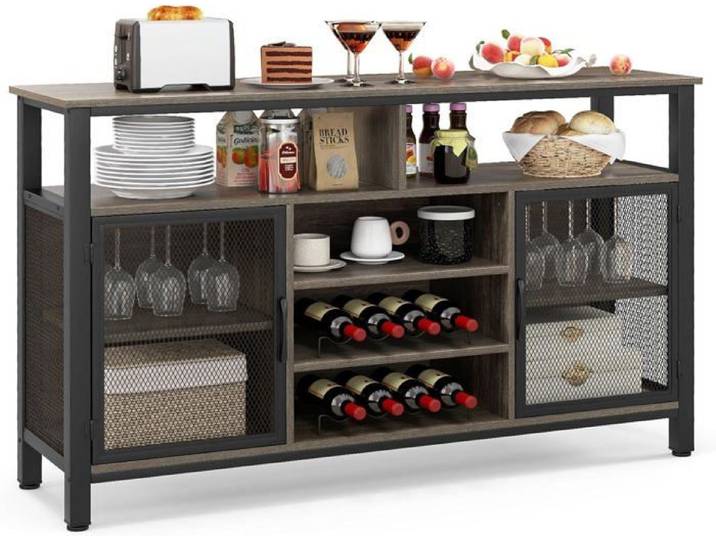 GOPLUS Buffet de Cuisine 140x40x82 5cm avec Range-Bouteilles et Porte-Verres pour 8 Bouteilles-2 Placards Porte en Maille Gris