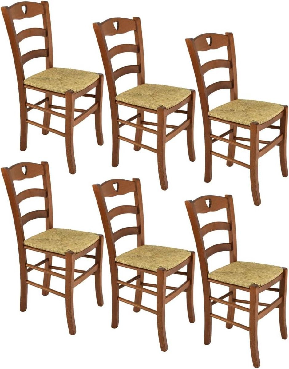 Set van 6 handgemaakte eetkamerstoelen van notenhout