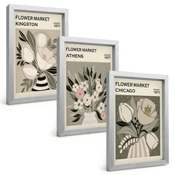 BILDER SET 3er Set - 20x30 cm Silberner Rahmen - Retro-Blumenarrangements