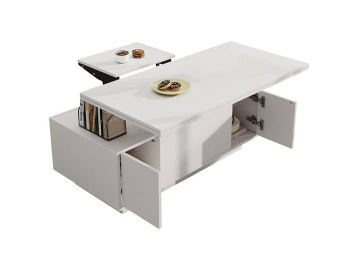 Table basse moderne avec double mécanisme de levage et espace de rangement dissimulé blanche.