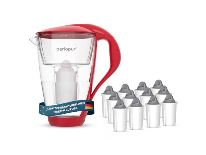 perlopur® Glas-Wasserfilter (rot) +12 Filterkartuschen Protect+ Borosilikatglas, 2 l gesamt, 1 l gefiltert, LED-Anzeige, für classic Kartuschen, für sehr hartes Wasser, starke Entkalkung