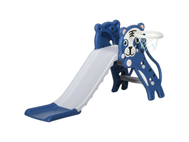 AIYAPLAY 3-in-1 kinderglijbaan met klimrek en basketbalring, cartoonontwerp voor kinderen van 18-36 maanden, blauw