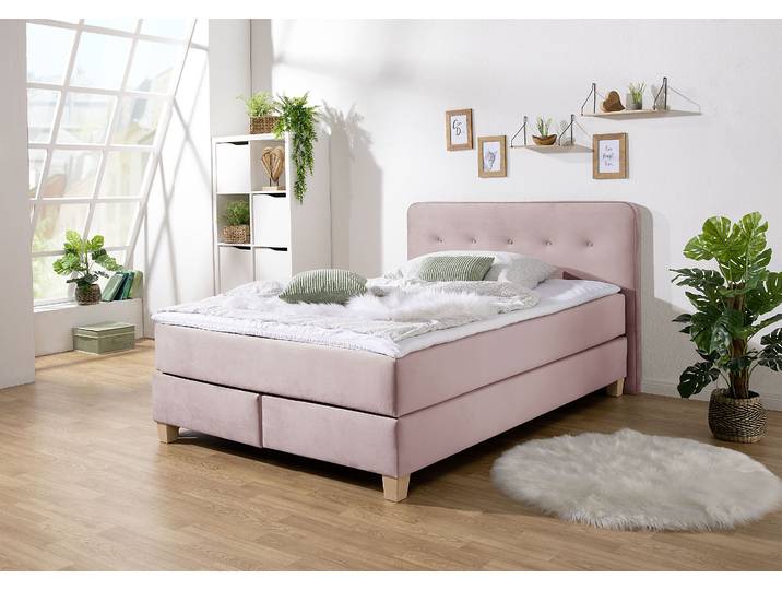 Boxspringbett, Strukturstoff, Lila, 153×207 cm, Inkl. Topper, Modern, Home Affaire