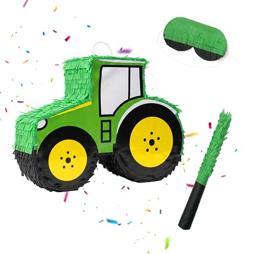 Relaxdays Pinata-set met tractor om op te hangen, 3-delig, groen/geel