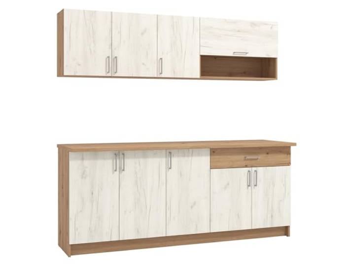 Homestyle4u Küchenzeile 200 cm ohne Elektrogeräte - Kompakte Einbauküche Unterschrank & Hängeschrank in Weiß/Eichenoptik – Arbeitsplatte, Schubladen, viel Stauraum