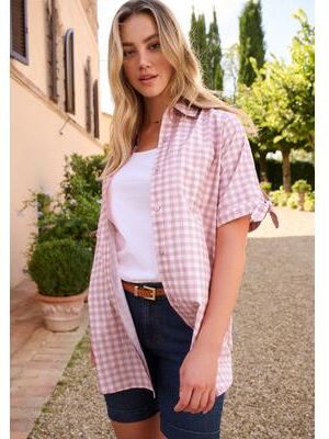 Plus Size Women's French Check Shirt by Roaman's in Lilac Ice Check (Size 24 W)