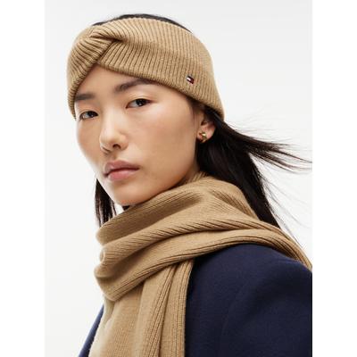 Stirnband TOMMY HILFIGER "TH FLAG KNIT HEADBAND", Damen, beige (safari canvas), Strick, Baumwollmischung, Mützen Stirnband, mit Woll-Anteil