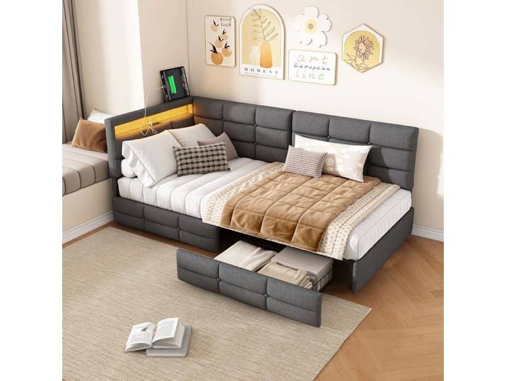 Lit simple enfant - RWUDV - Canapé-lit 90x200cm - Éclairage LED - Port de chargement USB - Tiroirs de rangement