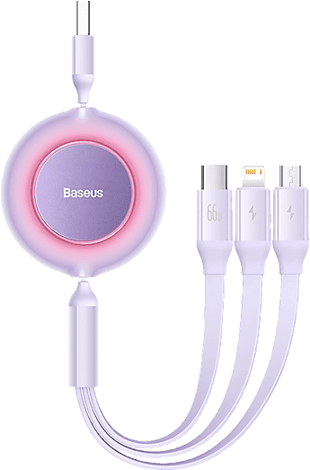 Cable USB - Baseus 3-en-1 Bright Mirror, 66W, retráctil, Carga rápida multidispositivo, USB-C a USB-C-Lightning-Micro, 110 cm, Morado