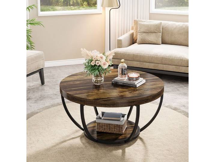 Table basse - LITTLE TREE - 2 niveaux - Ronde - Bois massif aspect rustique - Pieds métal