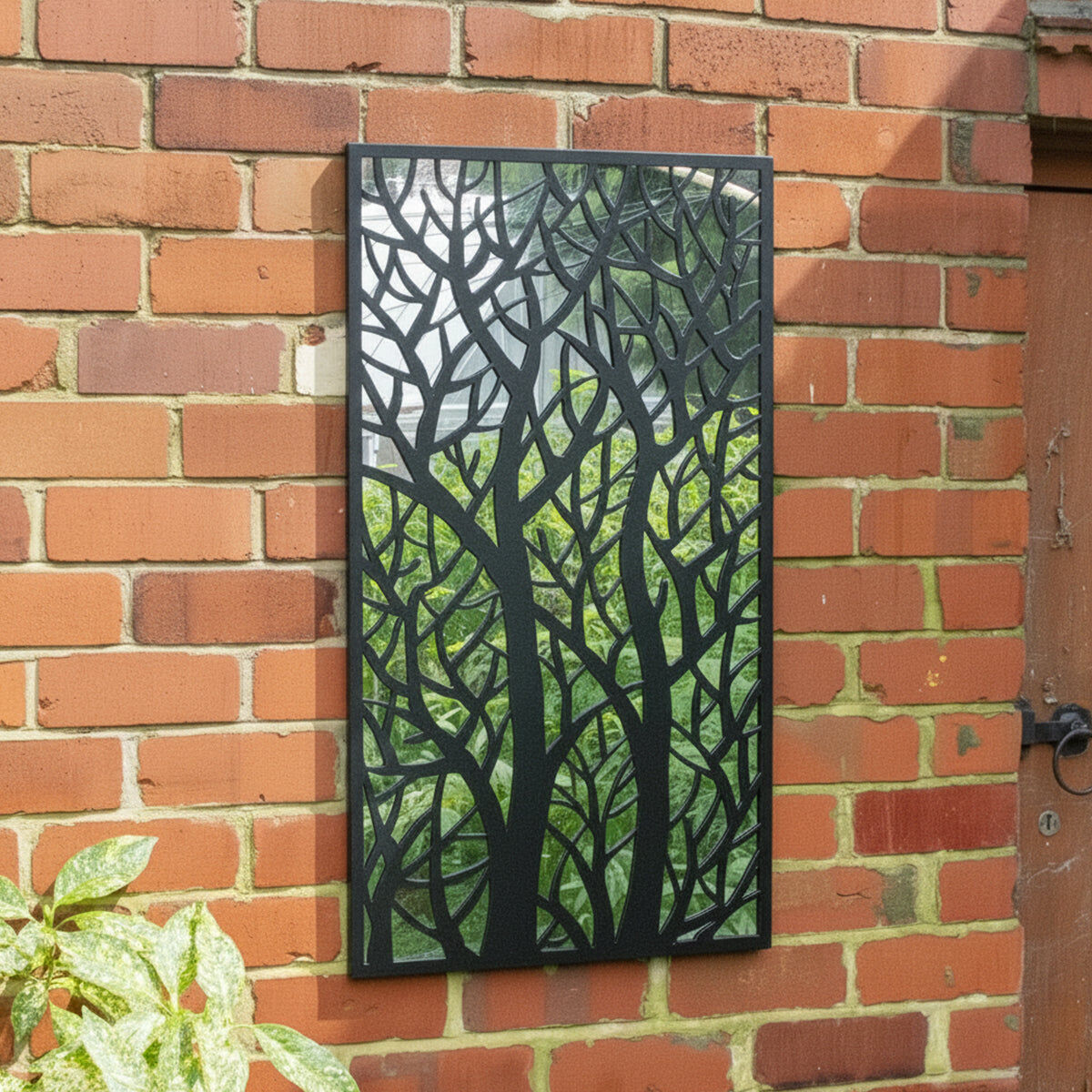 Black Tree Detail Garden Wall Mirror - 90cm x 50cm Wood, Metal