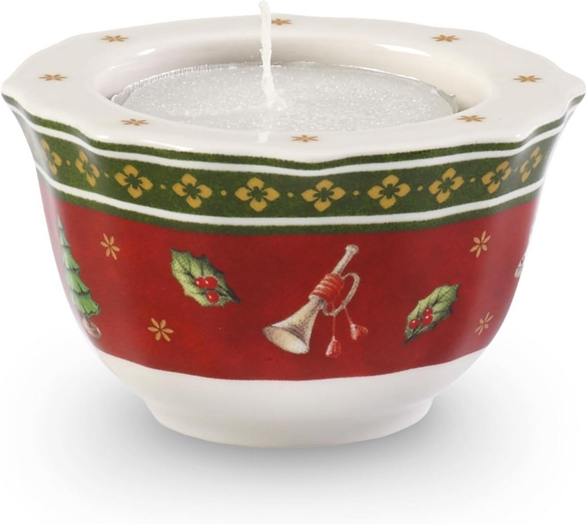 Rode porseleinen tealight holder met nostalgisch kerstontwerp