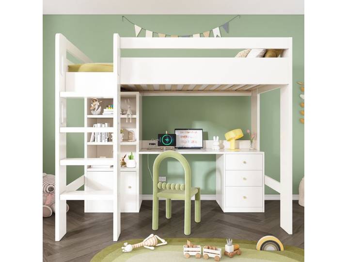 Lit mezzanine - Modulaire multifonction - Bureau USB‑C intégré - Armoire combinée - Escalier intégré (90×200 cm)