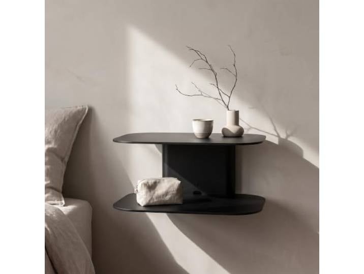 Nachttisch hängend ARCO, Metall Wandkonsole, Kabelführung (Schwarz) Platzsparende Wandablage ohne Stellfläche am Boden, pulverbeschichtet, für Schlaf- und Kinderzimmer, Flur und Wohnraum.