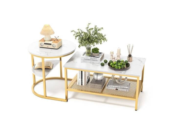 Table basse gigogne dorée design marbre effet luxe léger rangement double niveau pour salon