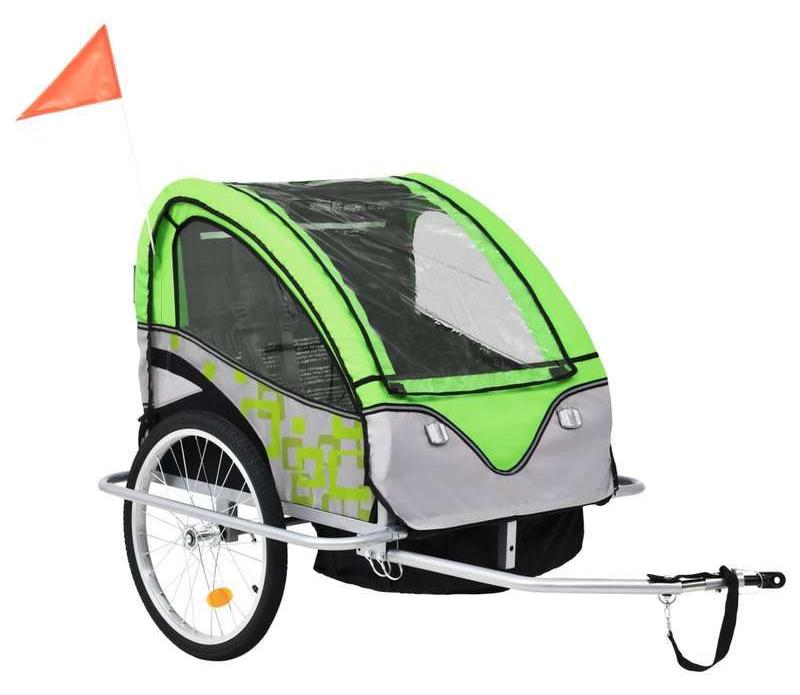 Fahrradanhänger und Kinderwagen in Grün-Grau, mit Stahlrahmen und großen Rädern