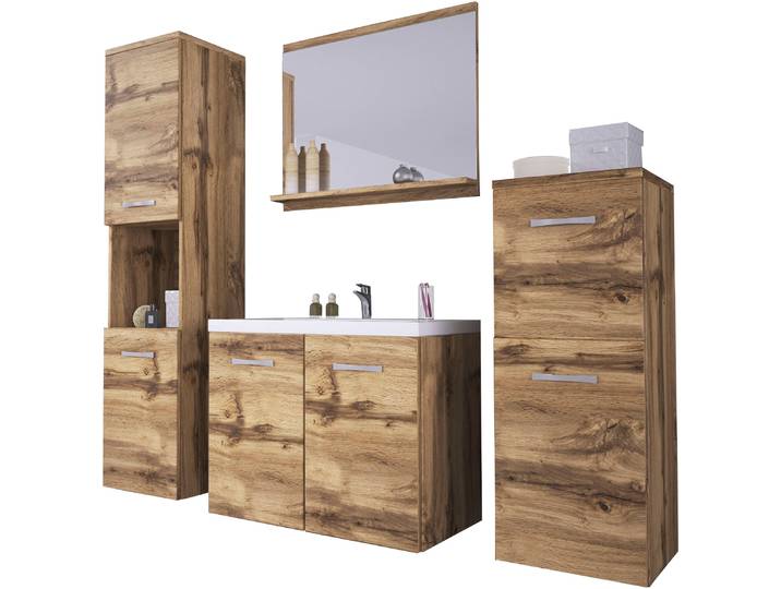 Badmöbel-Set WELLTIME PARLA , braun (votan eichefarben), B:120cm H:133cm T:34,5cm, Holzwerkstoff, Kastenmöbel-Sets, Badmöbel-Set, Waschtisch inkl. Waschbecken, Spiegel, Hochschrank und Hängeschrank