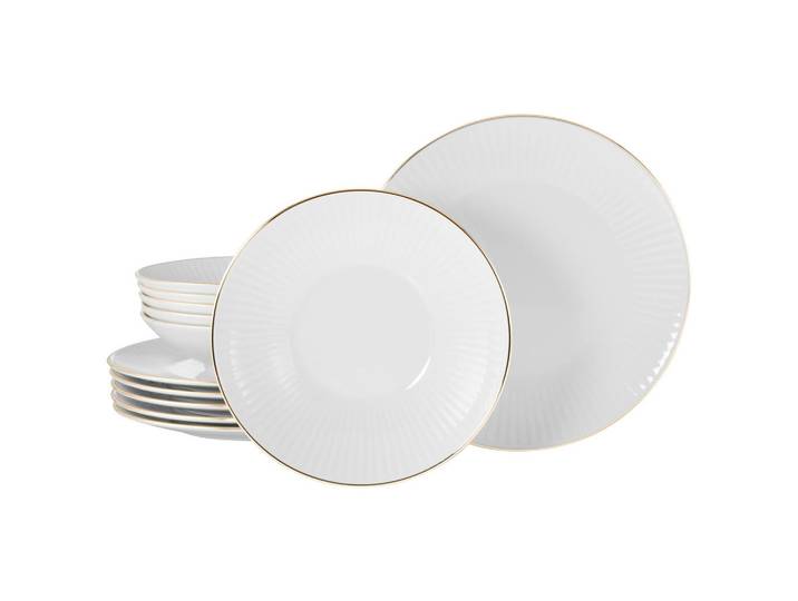 Creatable Tafelservice Valencia, Weiß, Goldfarben, Keramik, 12-teilig, handbemalt, lebensmittelecht, stapelbar, Geschirr, Geschirrsets, Tafelservice