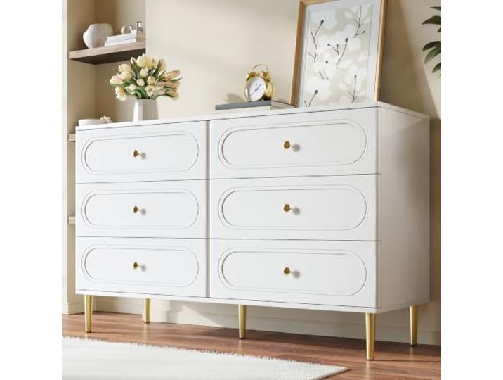 BXEYXE Sideboard,Kommode mit 6 Schubladen, ovalen Vertiefungen, Metallfüße, moderner Aufbewahrungsschrank fürs Wohnzimmer