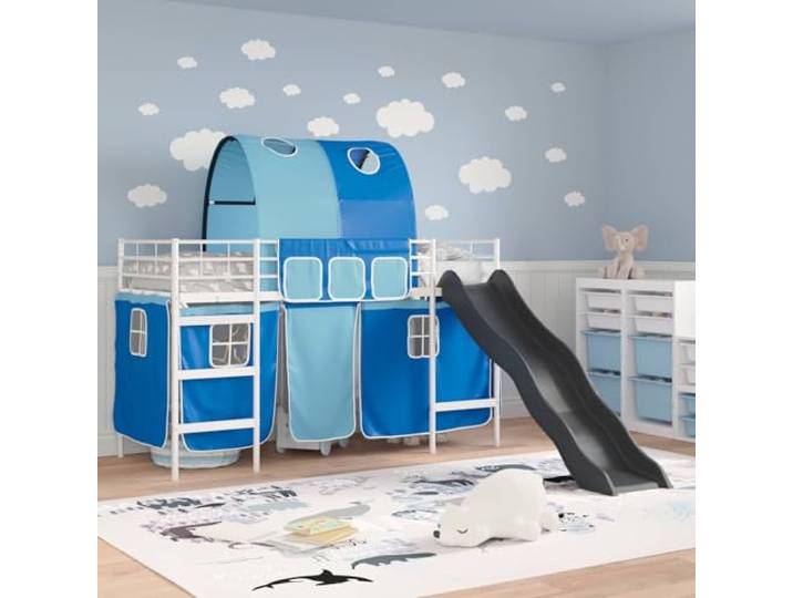 KTHLBRH Bett Loft Kinder weiß blau 75 x 190 cm Bogendesign, praktische Vorhänge, Spiel- und Ruhebereich, robuste Struktur