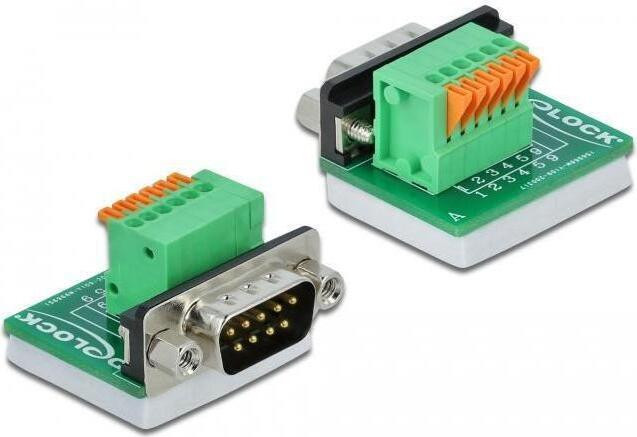 Delock D-Sub 9 adapter van connector naar schroefklemmen, verticaal, mannelijk, groen