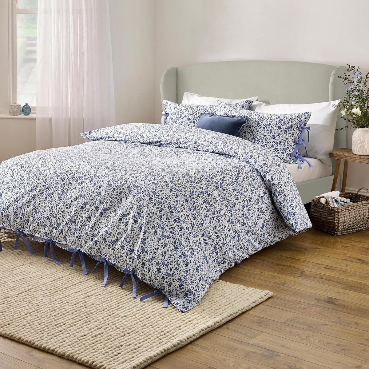 Dekbedovertrek Set met Bloemenprint en Strik Sluitingen - Tweepersoons - Blauw