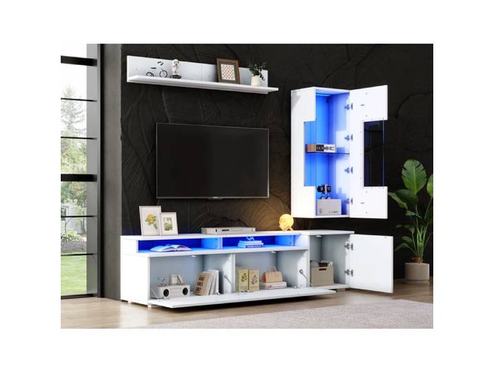 HOMVRA Ensemble mural TV 3 pièces 180 cm avec LED blanc brillant meuble TV vitrine et étagère