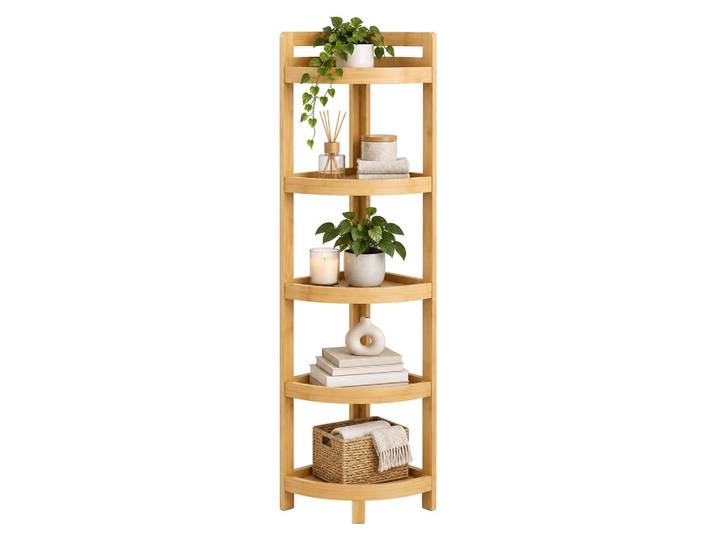 Relaxdays Eckregal Natur Bambus 5 Ablagen 116x23x23 cm, Hellbraun, Holz, Holzwerkstoff, 23x116x23 cm, Wohnzimmer, Regal, Eckregale