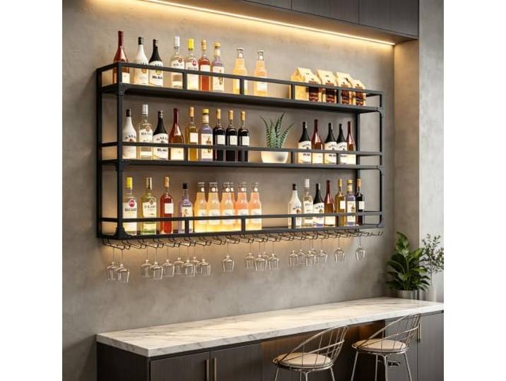 Gpbmn 180cm Wandmontiertes Weinregal mit 3 Ebenen,schwarz weinregal wandmontage Displayregal, industrielles alkohol vitrine mit Glashaken, für kleine Küchen und Bars