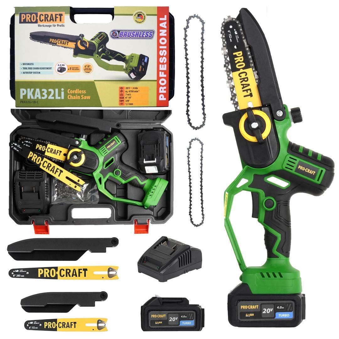 Procraft PKA32Li accu kettingzaag 20 V borstelloos met 4,0 Ah accu, oplader en koffer